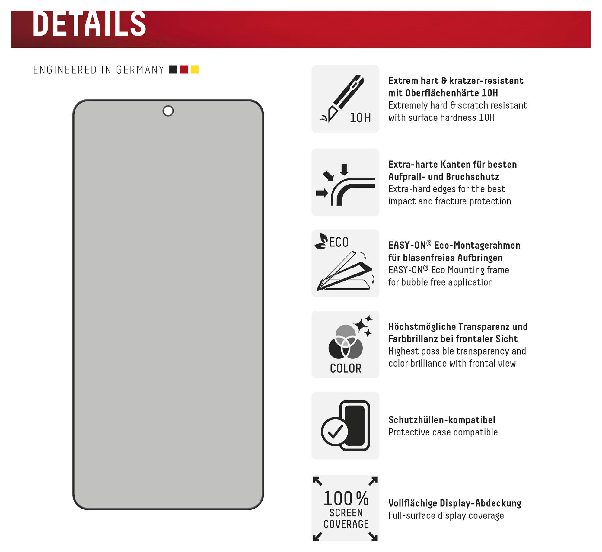 Infografik mit dem Titel „DETAILS" zeigt eine graue Displayschutzfolie für Smartphones und Funktionen: 10H Kratzerbeständigkeit, extraharte Kanten, blasenfreier Montagerahmen, hohe Transparenz, Gehäusekompatibilität und vollständige Displayabdeckung.