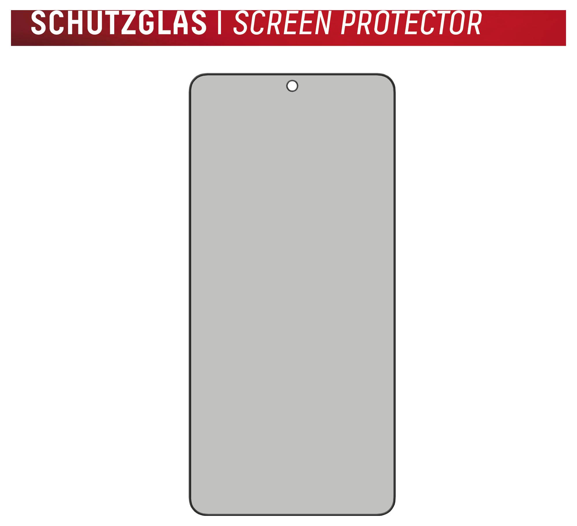 Grauer Displayschutzfolien-Vorlage für Smartphones mit der Bezeichnung „SCHUTZGLAS | SCREEN PROTECTOR" mit zentrierter Vorderansicht-Telefonkontur und Kameraausschnitt.