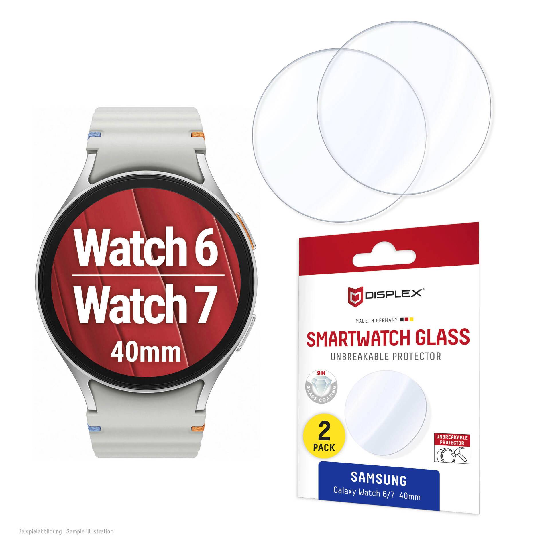 Produktbild einer Samsung Galaxy Watch 6/7 40mm und zwei transparenten Displayschutzfolien, dargestellt mit DISPLEX Smartwatch Glass 2er-Packungsverpackung.