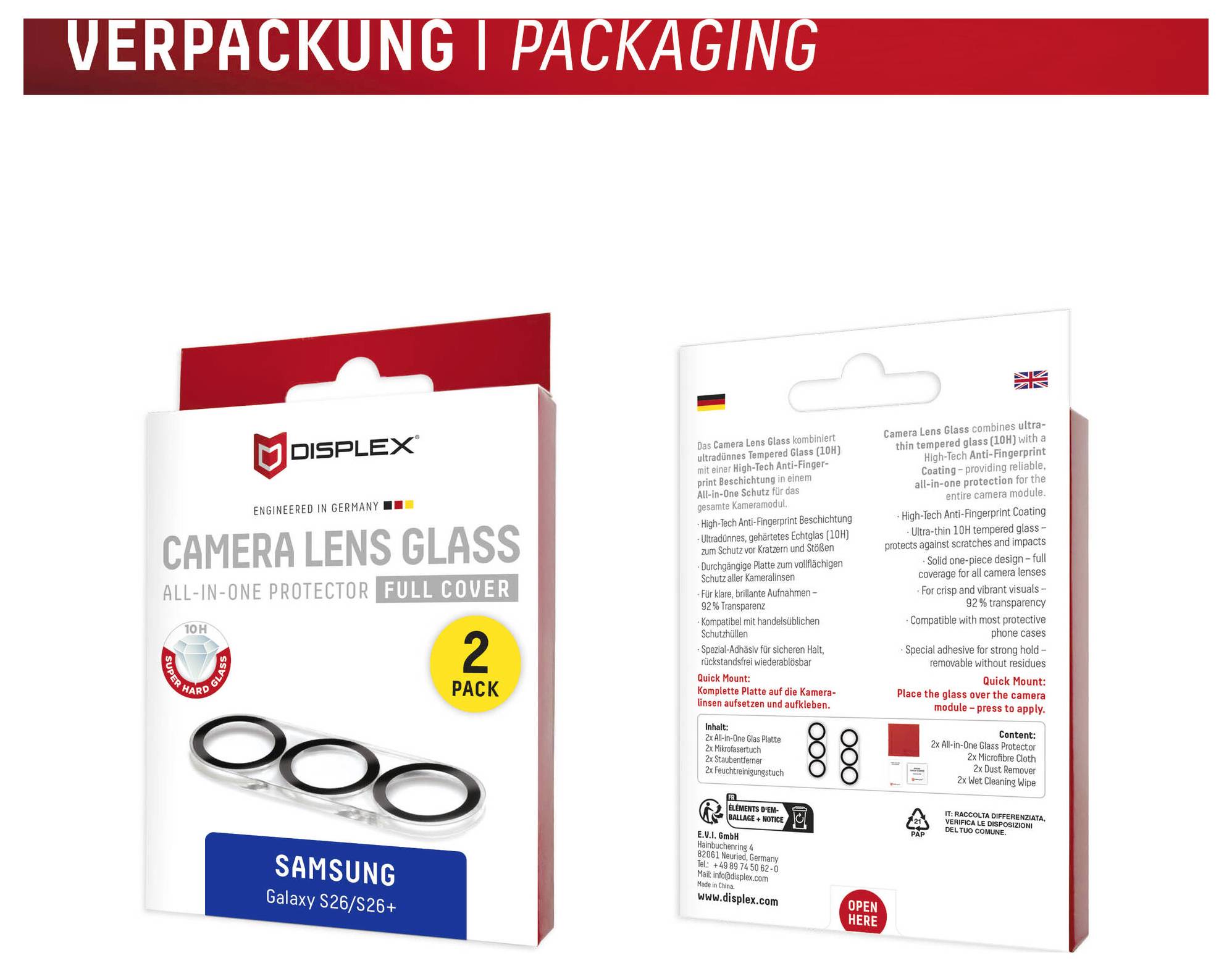 Produktverpackung für Displex Kameraobjektivglas, All-in-One-Schutz mit vollständiger Abdeckung, 2er-Pack für Samsung Galaxy S26/S26+; Vorder- und Rückseite der Schachtel dargestellt.