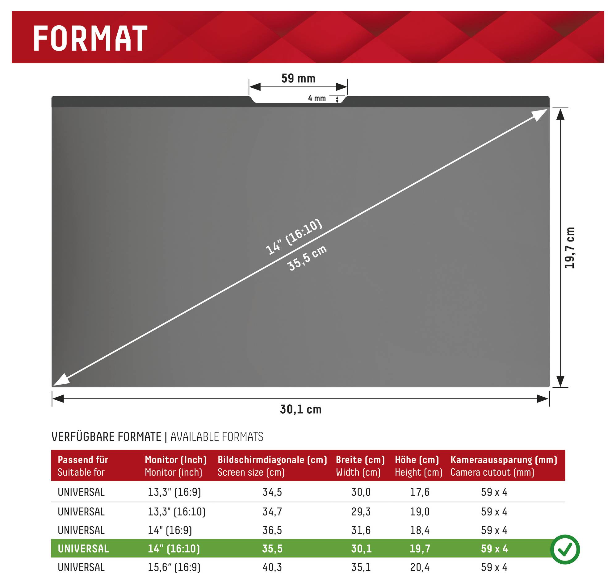 Diagramm eines 14-Zoll-Displayformats mit den Abmessungen 30,1 cm Breite, 19,7 cm Höhe, 35,5 cm Diagonale und einer 59-mm-Kameraaussparung.