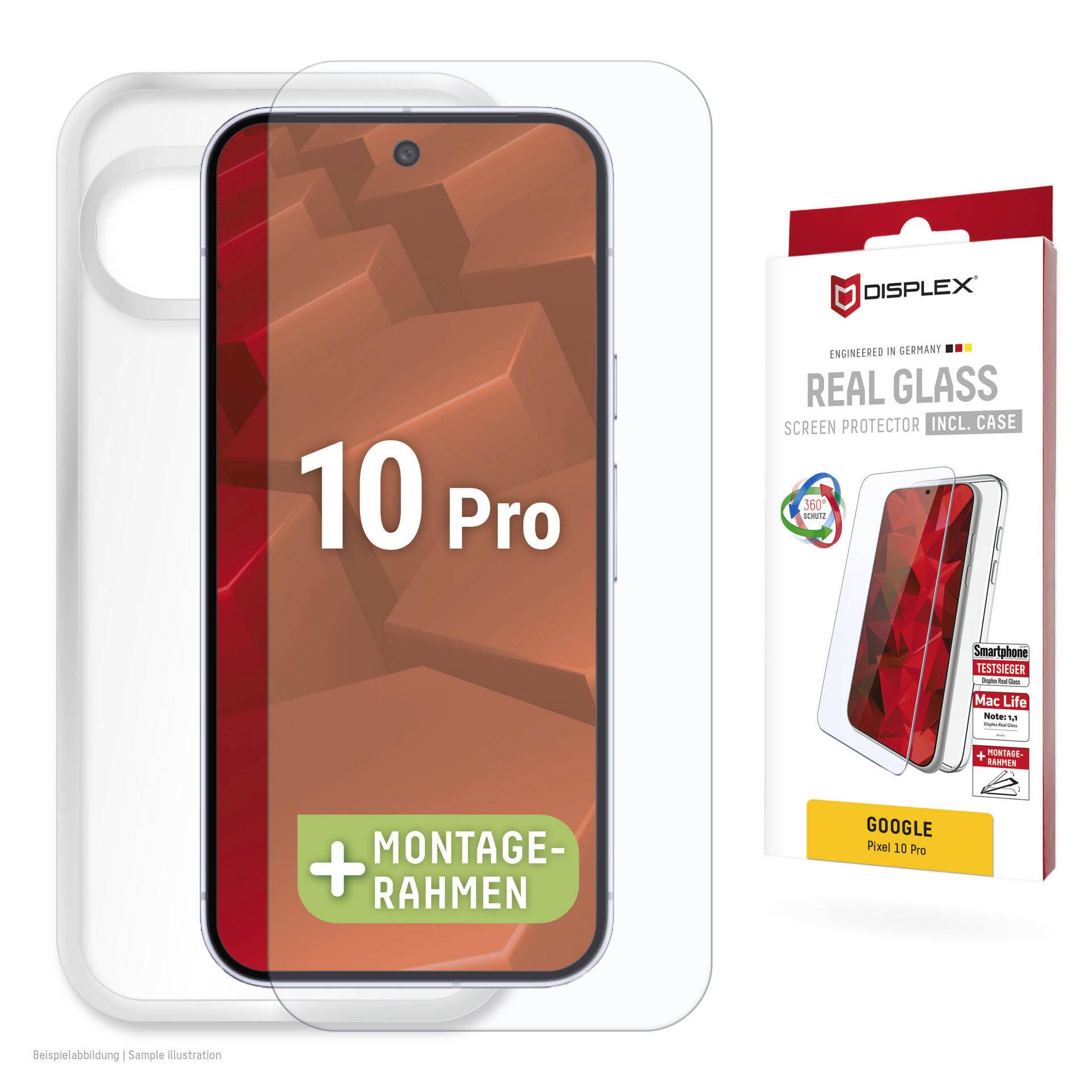 Google Pixel 10 Pro Displayschutzfolie mit Hülle, shown in klarer Verpackung neben einem Telefon-Mockup mit der Bezeichnung "10 Pro" und "Montage-Rahmen".