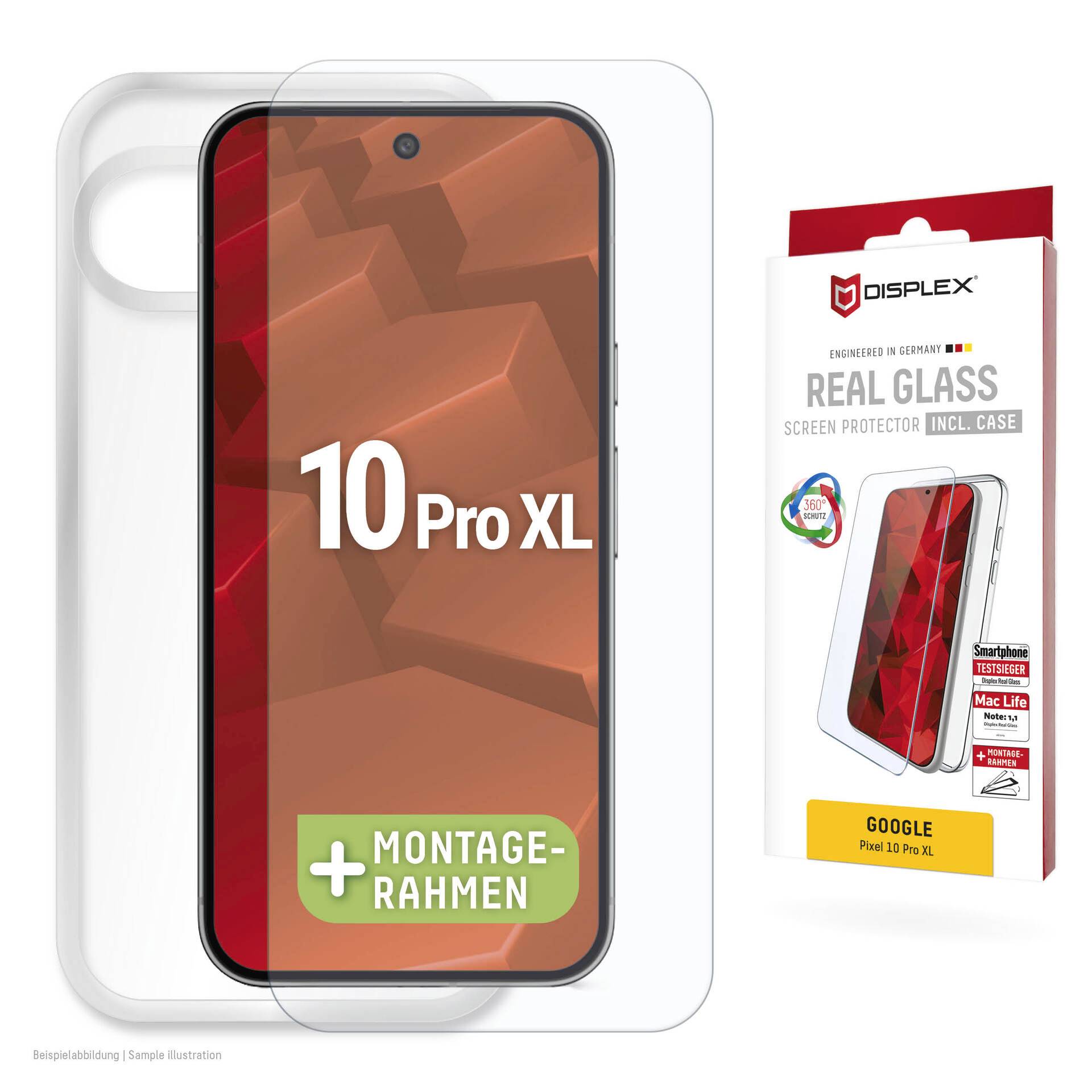Displayschutz mit Hülle für Google Pixel 10 Pro XL, gezeigt auf Telefon-Mockup und Produktverpackung mit den Bezeichnungen "Real Glass" und "Montage-Rahmen".