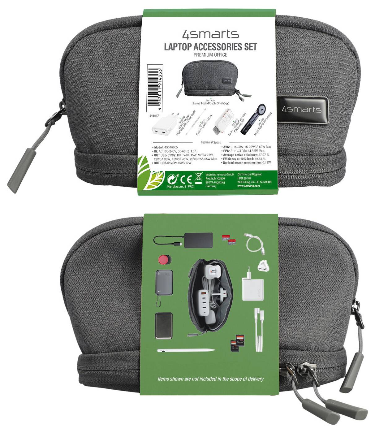 Grau 4smarts Laptop-Zubehörset mit Koffer und Verpackung von vorne und hinten gezeigt, inklusive Organizer-Tasche und mehreren Lade-/Adapter-Zubehörteilen.
