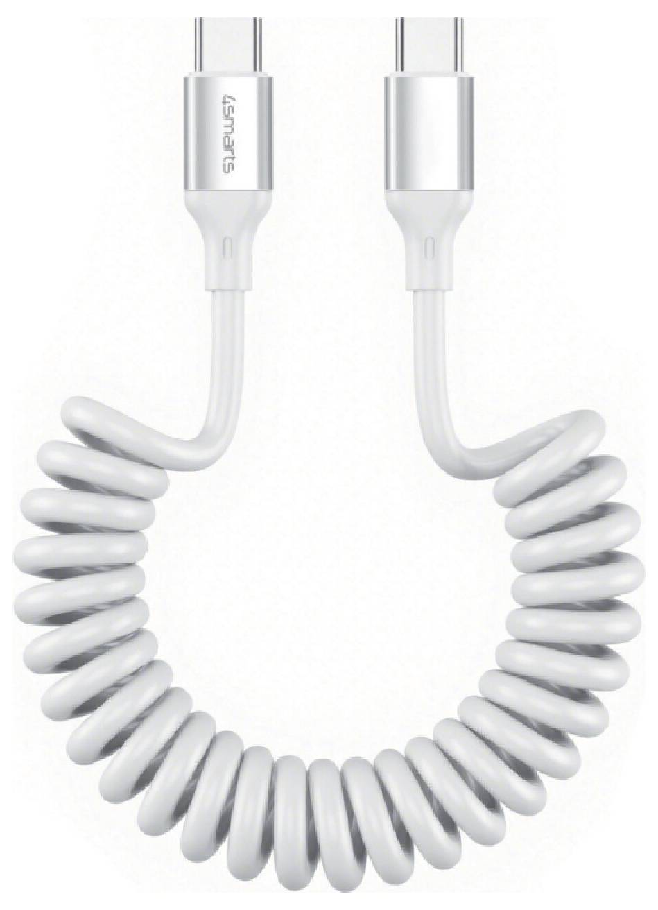 Weißes aufgerolltes USB-Ladekabel mit zwei Steckerenden auf einem einfachen Hintergrund.