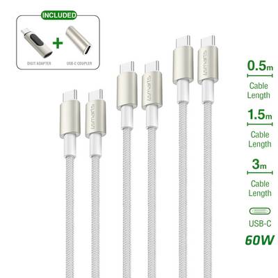 Abbildung eines USB-C-60W-Kabels in den Längen 0,5m, 1,5m und 3m mit im Lieferumfang enthaltenen Digit-Adapter und USB-C-Kupplung.