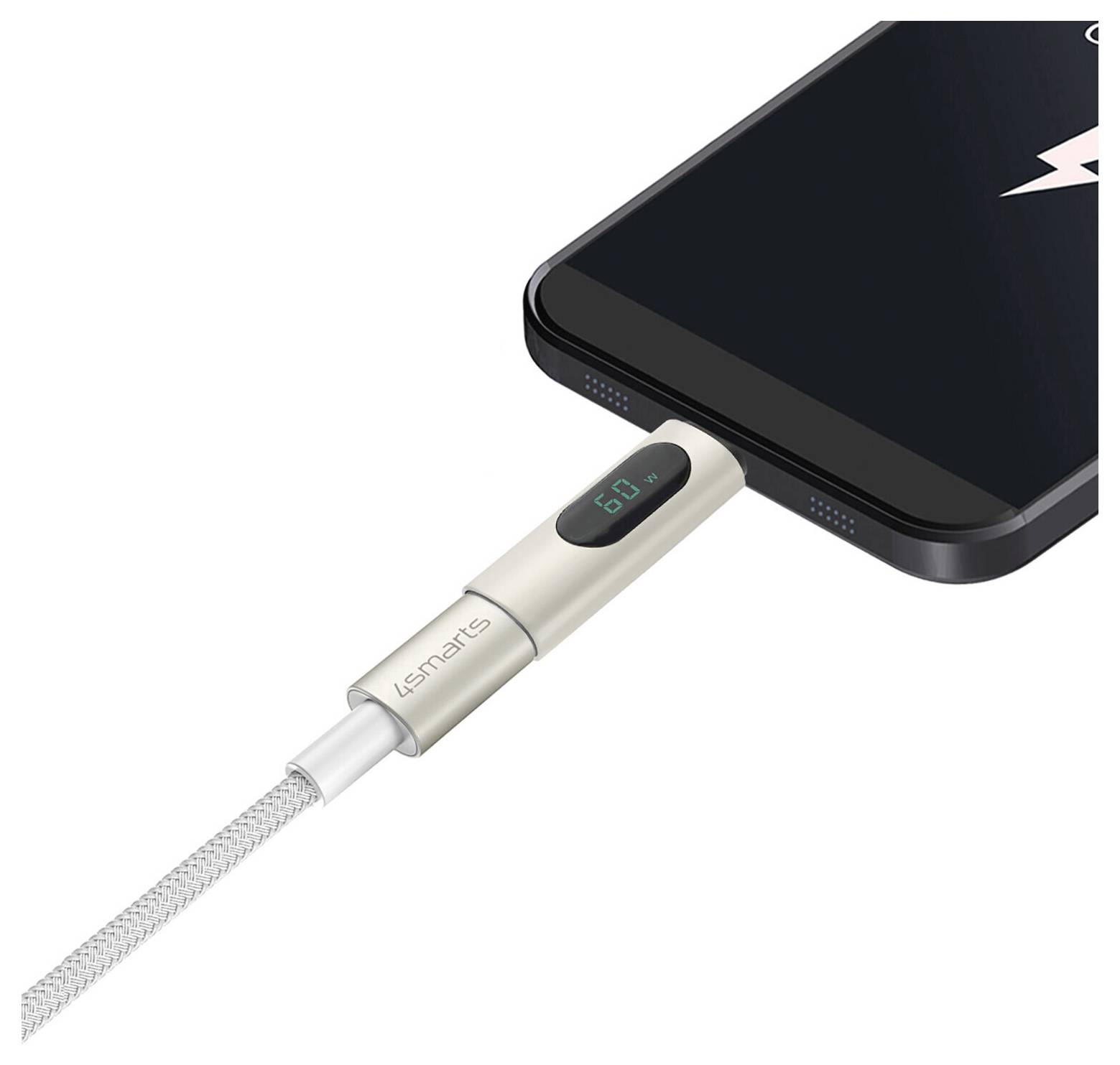 Ein geflochtenes Ladekabel, das in ein Smartphone eingesteckt ist, mit einem integrierten Display, das „6,6" anzeigt und den Ladestatus angibt.