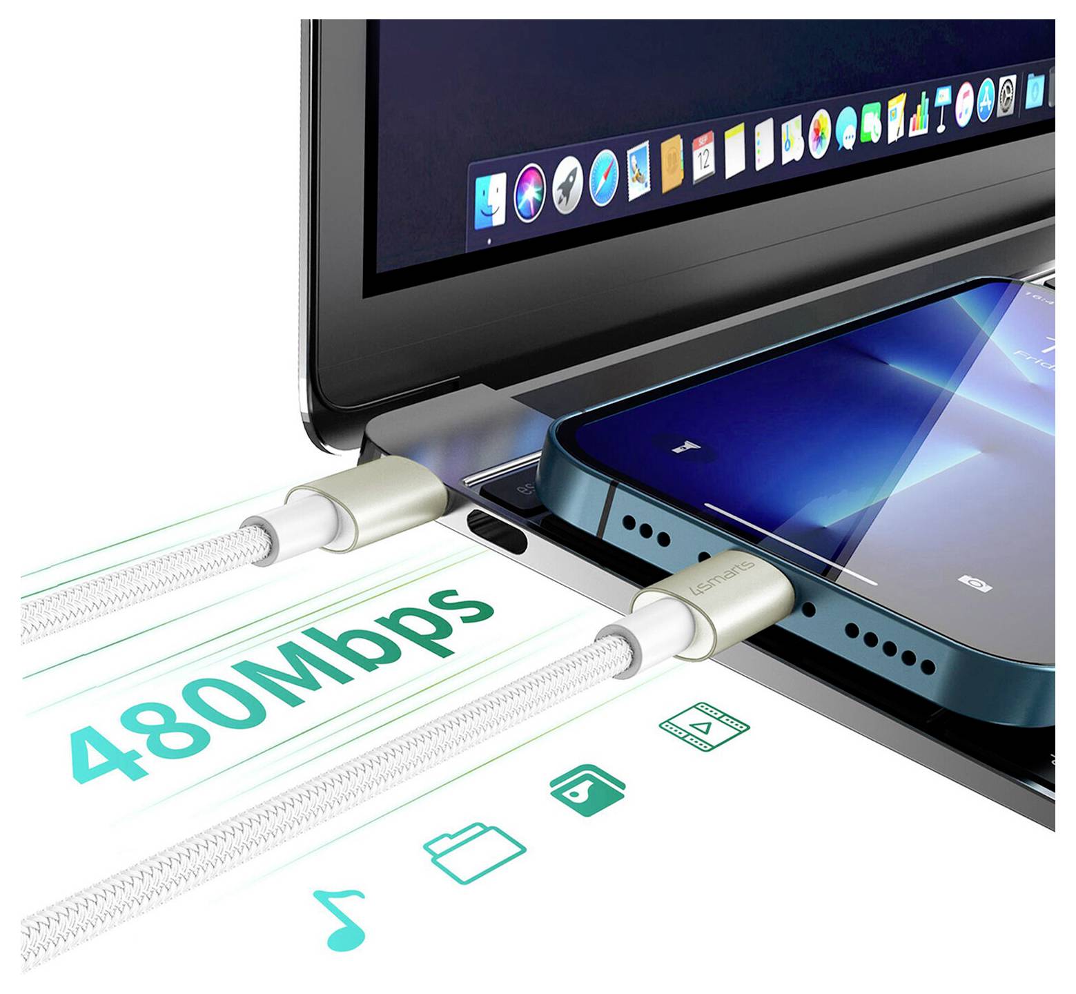Nahaufnahme eines Smartphones, das mit Kabeln mit einem Laptop verbunden ist, mit Symbolen für 480-Mbps-Datenübertragung und Synchronisierung.