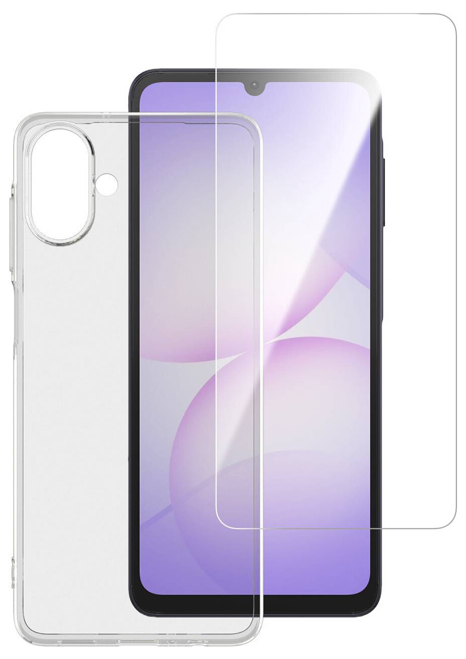Transparente Handyhülle und vorderer Displayschutz, die über einem Smartphone angebracht sind und die Passform der Schutzhülle zeigen.