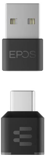 Zwei EPOS USB-Dongles, von vorne und von hinten gezeigt, mit silbernem Anschluss und schwarzem Gehäuse, das mit EPOS gekennzeichnet ist.
