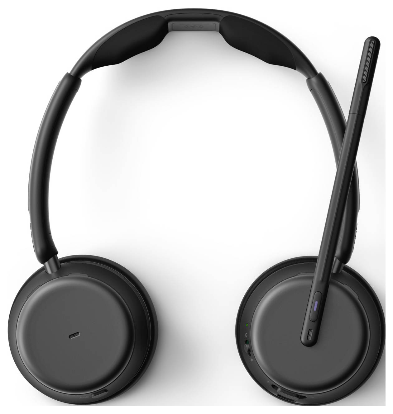 Schwarze Over-Ear-Kopfhörer mit integriertem Mikrofonarm, Vorderansicht auf weißem Hintergrund.