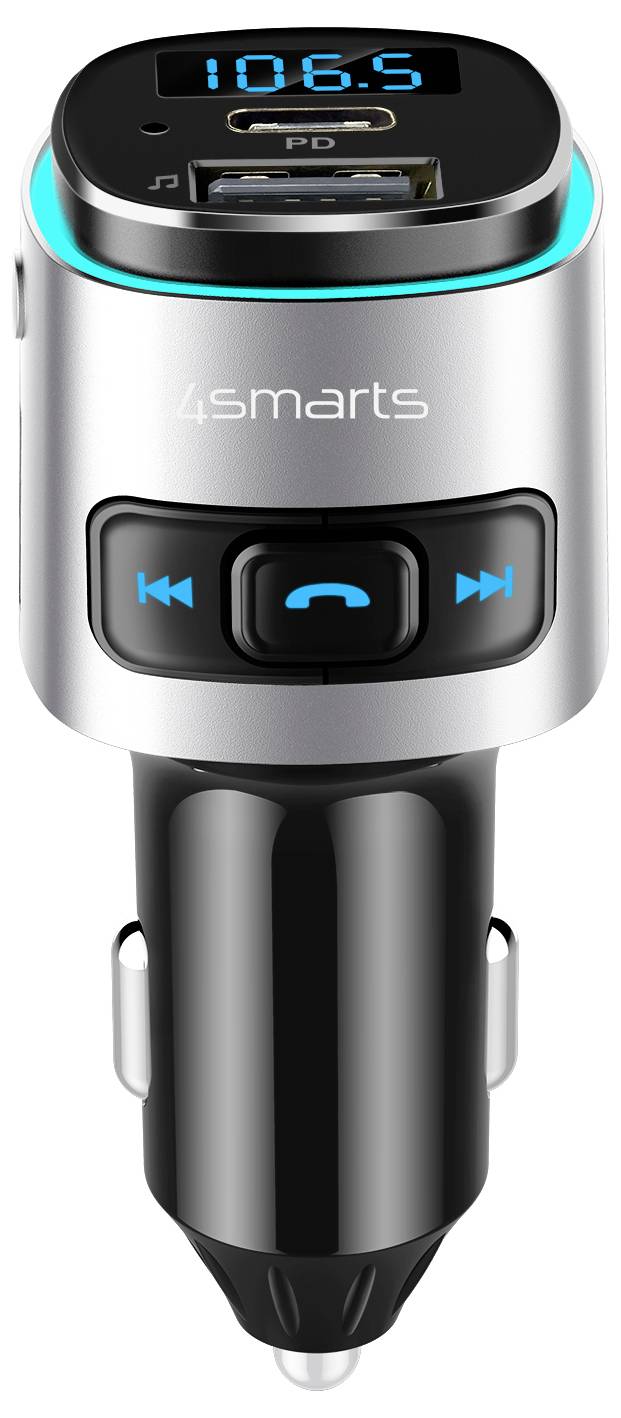 USB-Autoladestation mit FM-Transmitter und Bluetooth-Steuerung, mit digitaler Anzeige "106.5" und 4smarts-Branding.