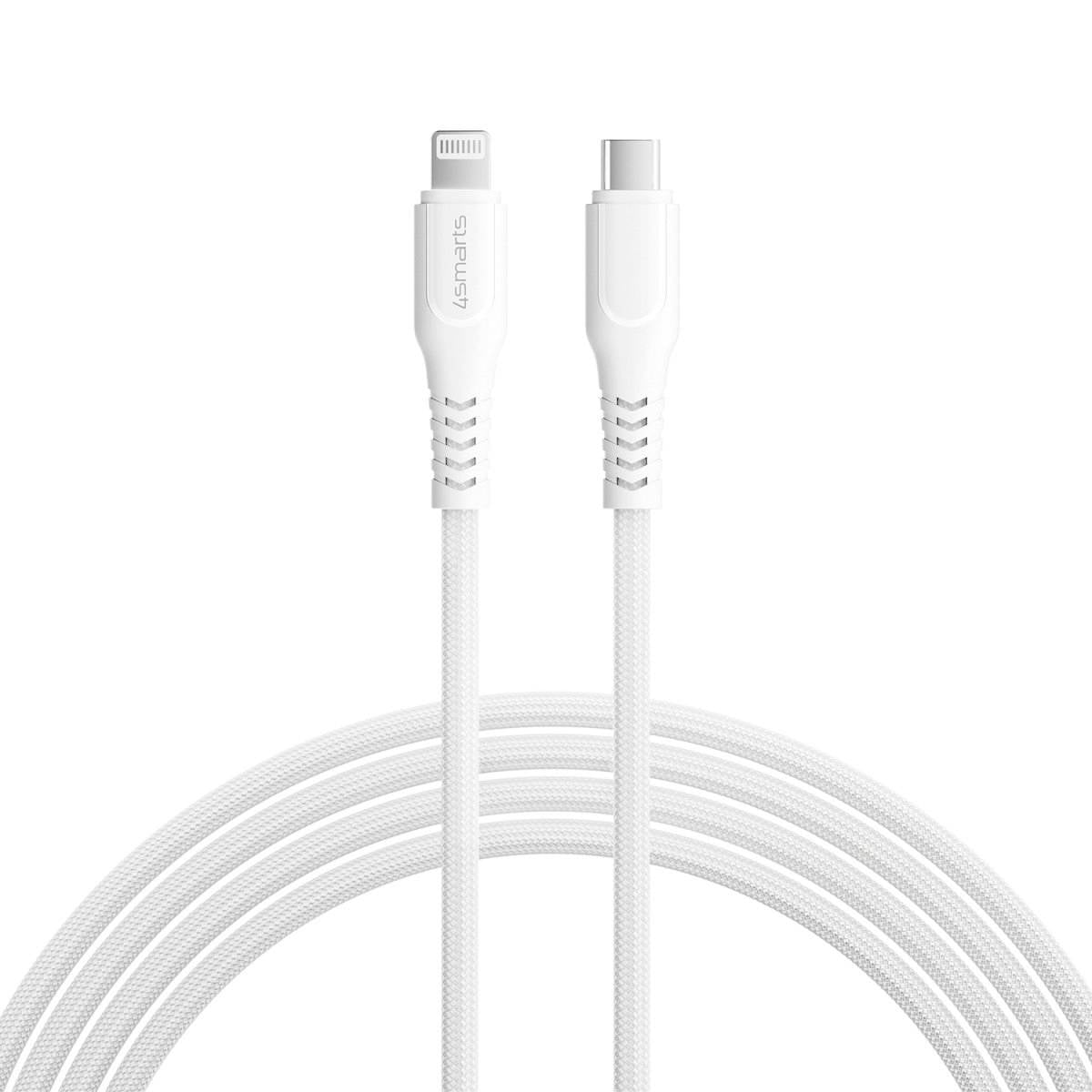 Weißes USB-C zu Lightning Ladekabel mit geflochtenem Kabel und weißen Steckern