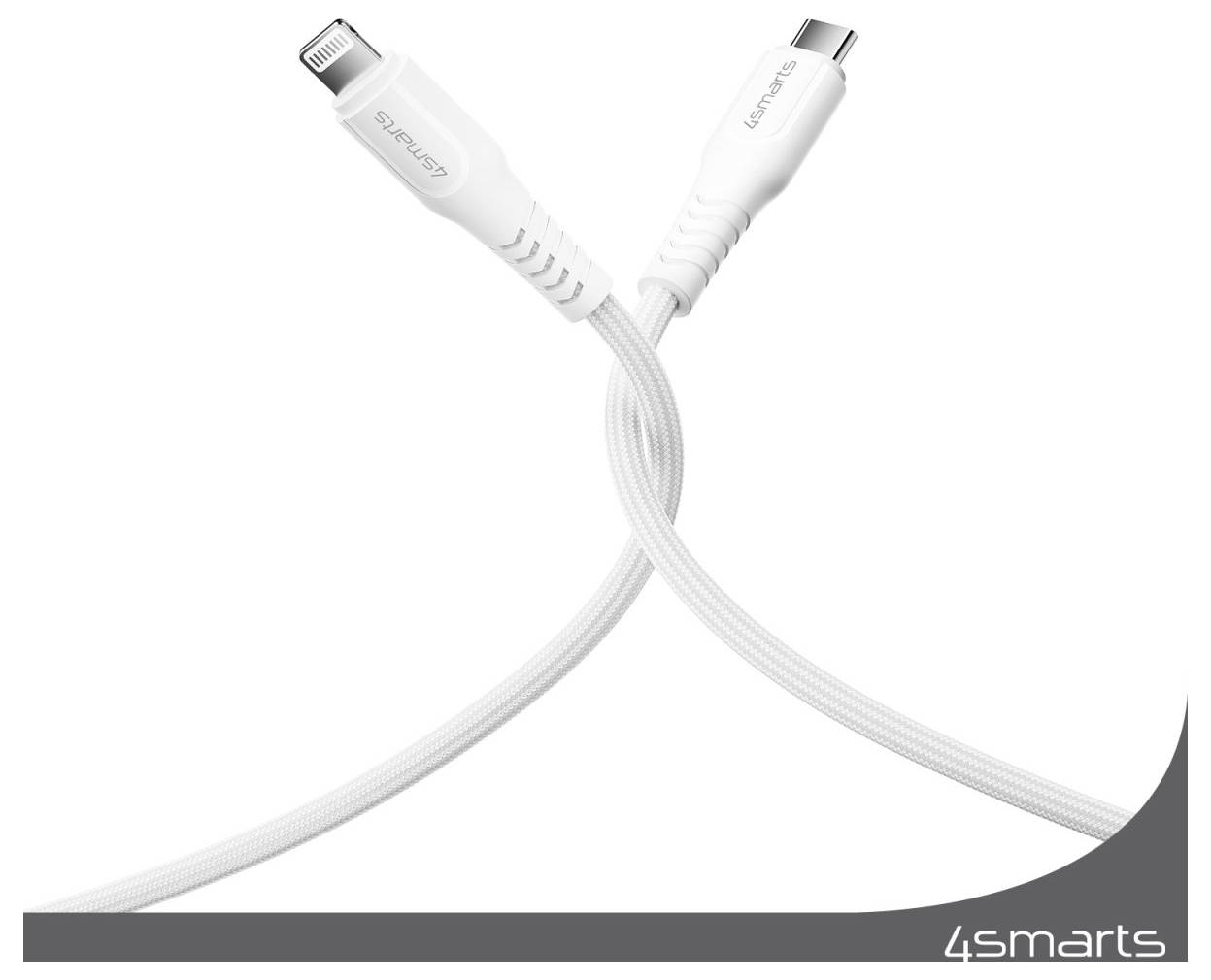 Weißes 4smarts Flechtladekabel mit gekreuzten Lightning- und USB-C-Anschlüssen auf einfachem Hintergrund.