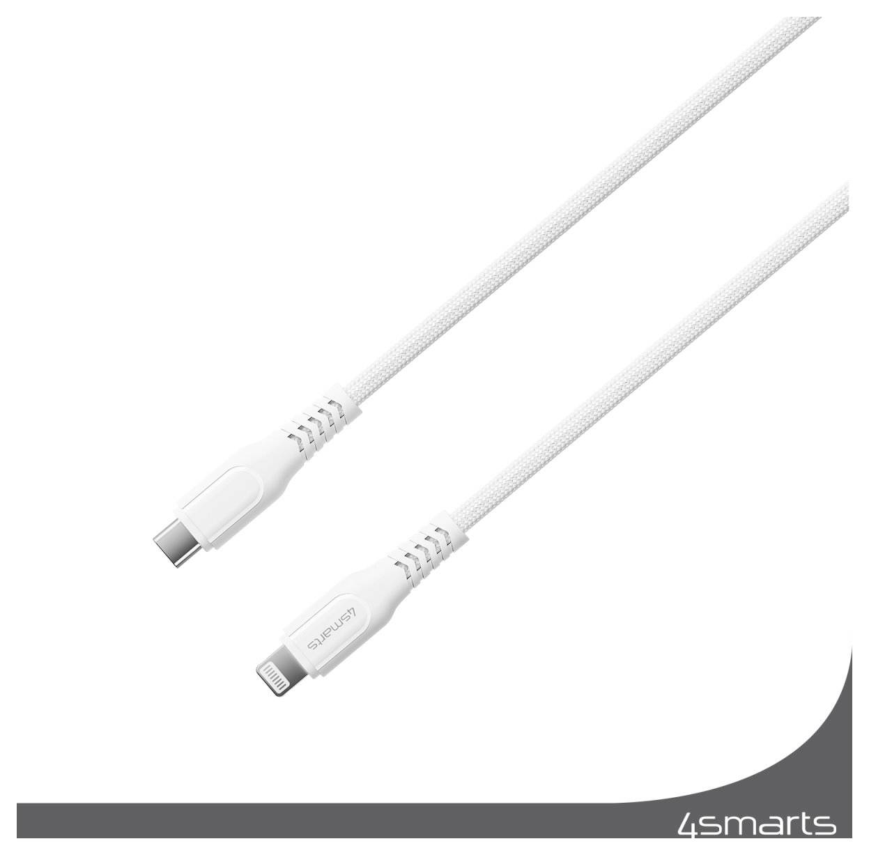 Weiß geflochtenes USB-C zu Lightning Ladekabel diagonal auf weißem Hintergrund mit 4smarts Branding in der Ecke.