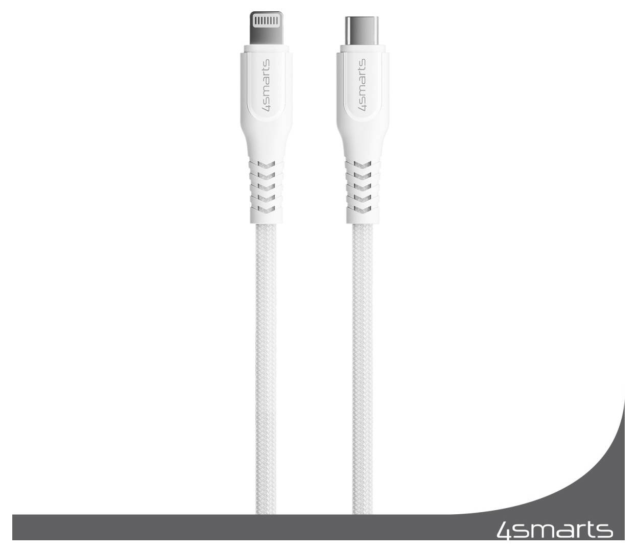 Weißes 4smarts-Ladekabel mit Lightning- und USB-C-Anschlüssen auf weißem Hintergrund.