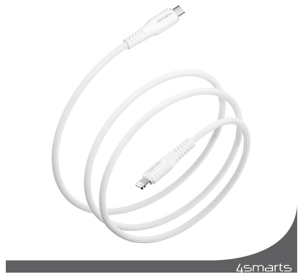 Weißes USB-C-Ladekabel aufgerollt auf weißem Hintergrund, mit 4smarts-Branding in der unteren rechten Ecke.