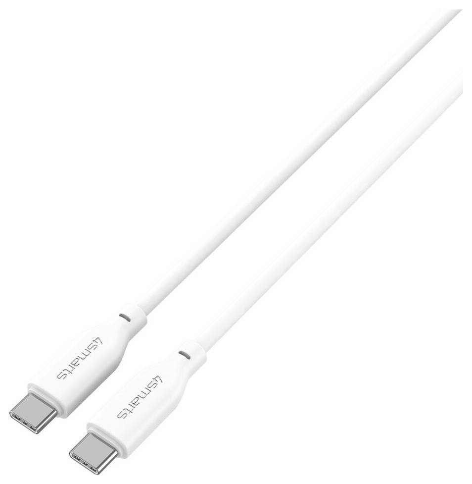 Weißes USB-C-Kabel mit Steckverbindern an beiden Enden vor neutralem Hintergrund.