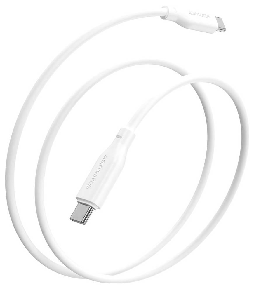 Weißes USB-C-Ladekabel aufgerollt auf einfachem Hintergrund, mit USB-C-Anschlüssen an beiden Enden.