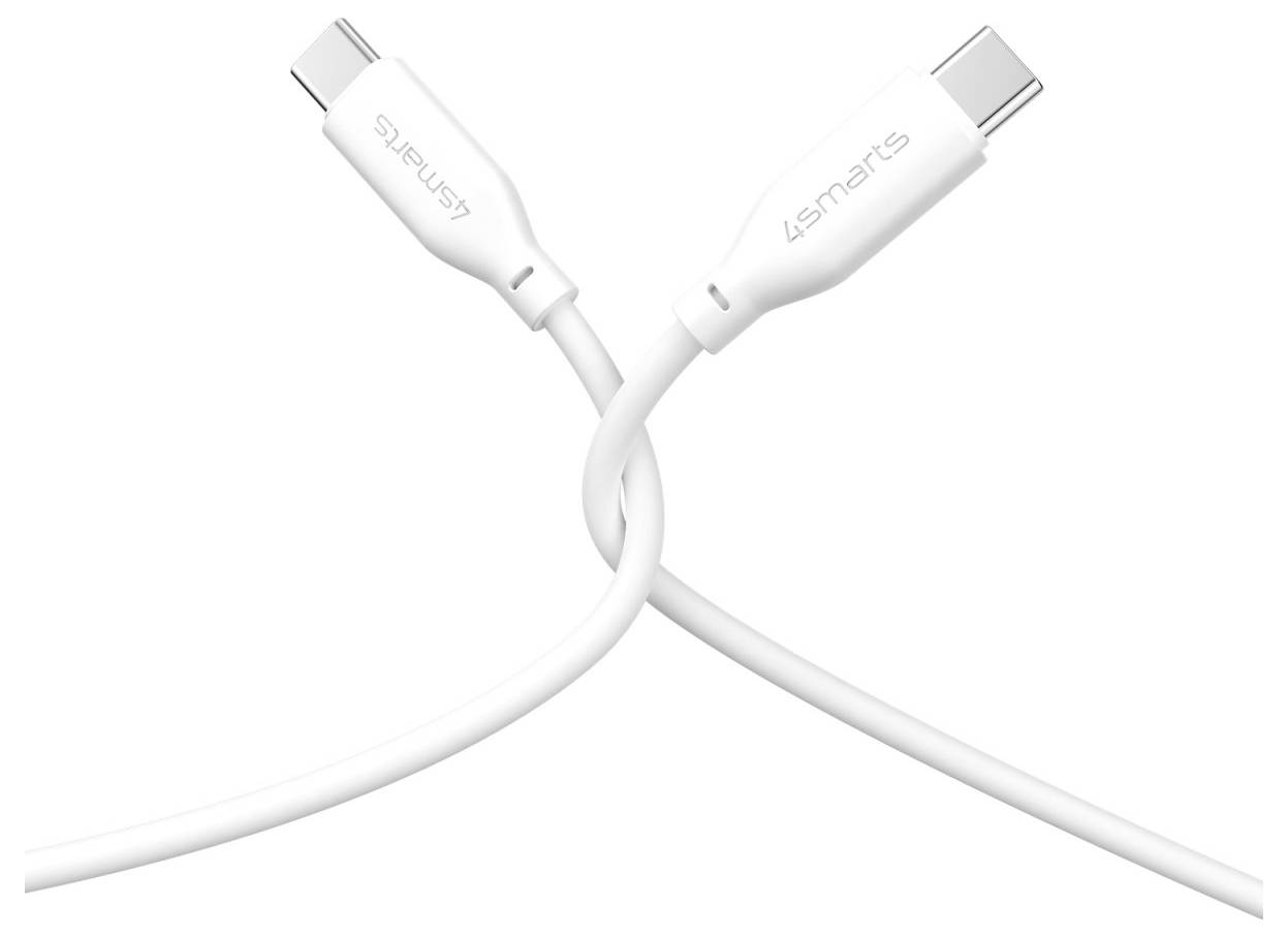Zwei weiße USB-C-Ladekabel, die sich auf einem einfachen weißen Hintergrund kreuzen, mit geflochtenen Steckverbindern, die in der Nähe der Spitzen sichtbar sind.