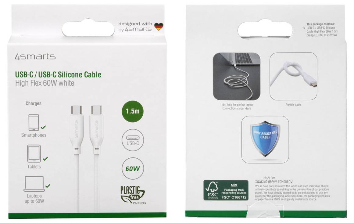 Verpackung für ein 4smarts USB-C zu USB-C Silikonkabel, 1,5 m, weiß, 60W; zeigt Kompatibilität mit Telefonen, Tablets und Laptops, plus abgeschirmtes Kabel und plastikfreie Verpackungsaussagen.