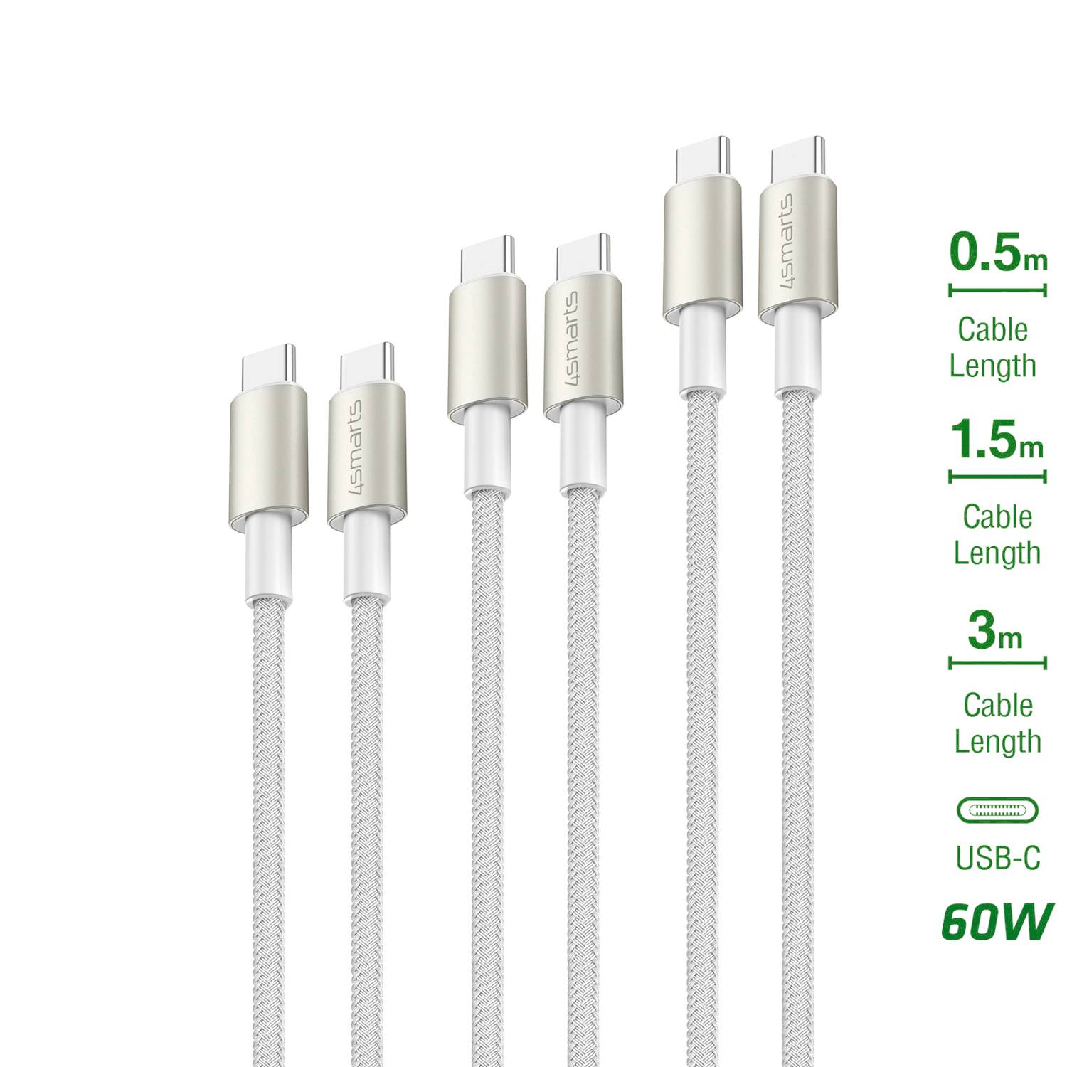 Produktabbildung von geflochtenen USB-C-Ladekabeln in drei Längen: 0,5m, 1,5m und 3m, gekennzeichnet mit „USB-C" und „60W".
