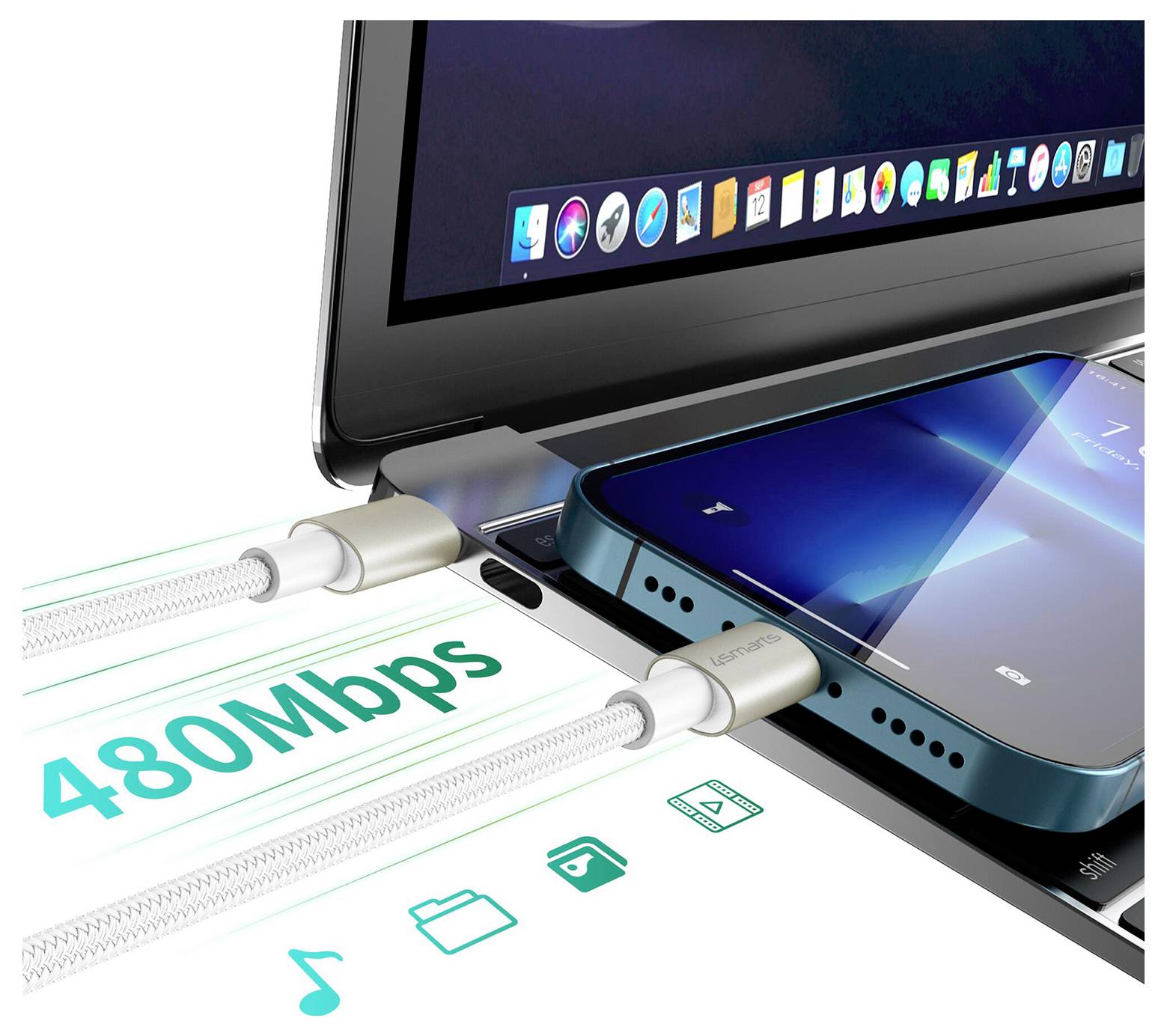 Smartphone mit Kabel an einen Laptop angeschlossen, was eine Datenübertragung von 480 Mbps und Dateisynchronisierung veranschaulicht.