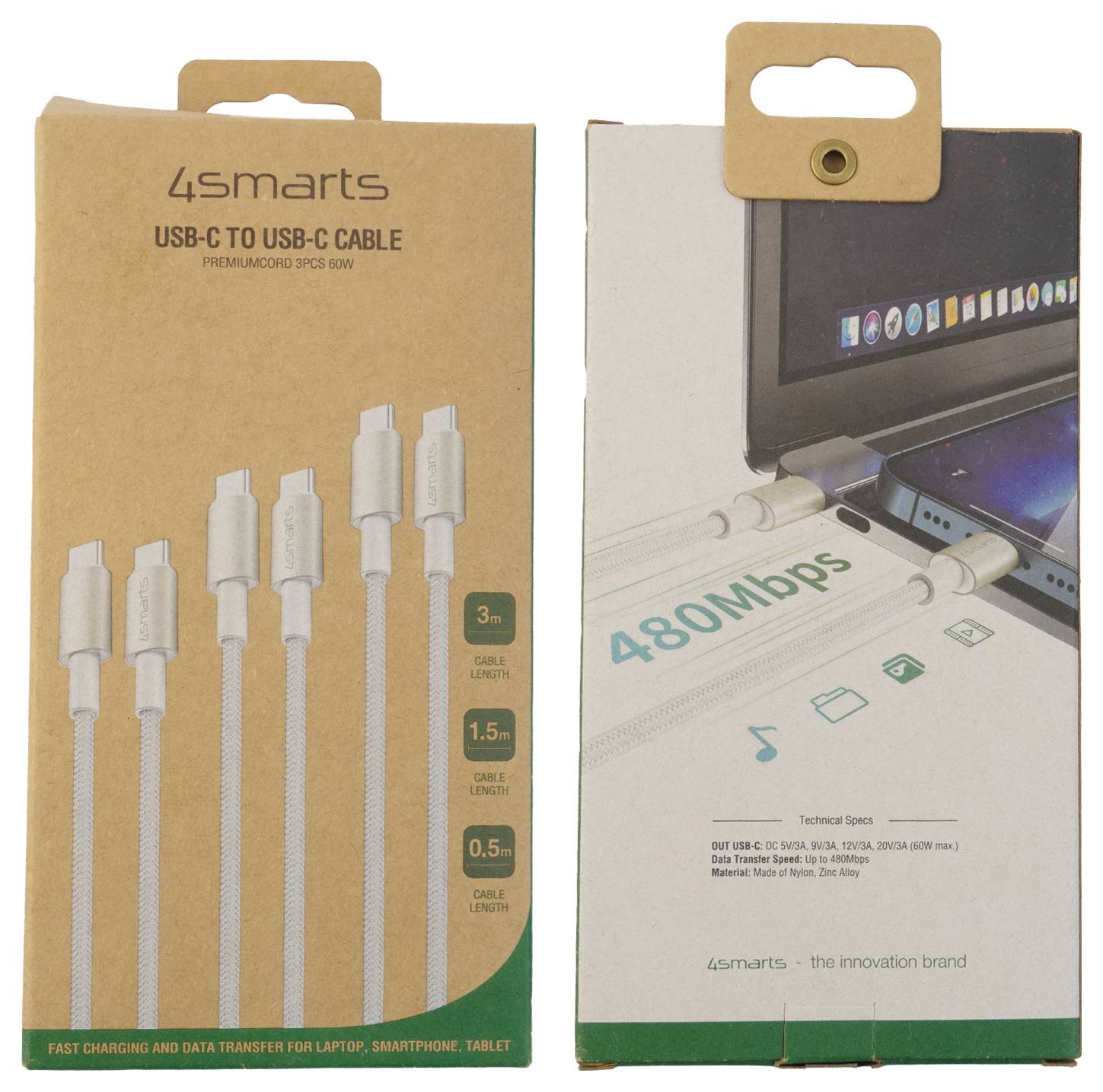 Zwei 4smarts USB-C-zu-USB-C-Kabelpackungen von vorne und hinten gezeigt, die 480 Mbps Datenübertragung und Kabellängen von 3 m, 1,5 m und 0,5 m bewerben.