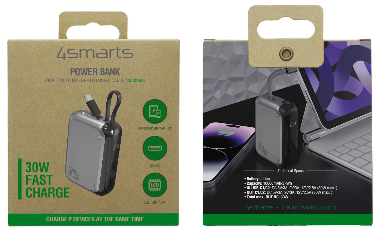4smarts 30W Powerbank-Verpackung mit tragbarem Ladegerät mit integriertem USB-C-Kabel und LED-Display zum gleichzeitigen Laden von zwei Geräten.
