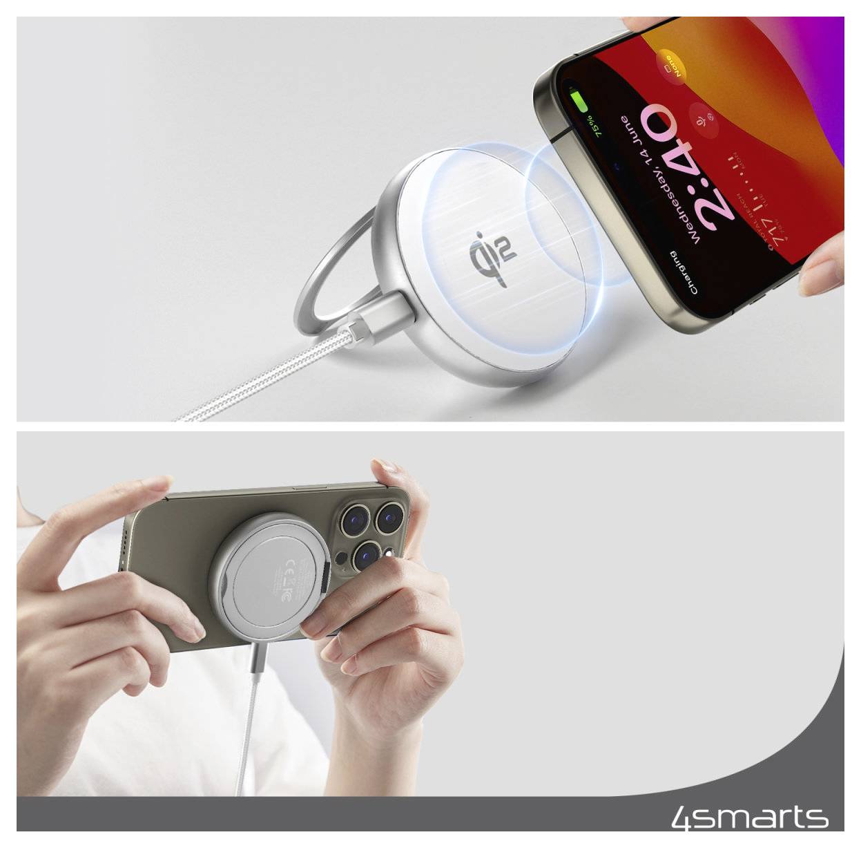 Werbebild eines 4smarts Magnetladegeräts mit kabelloser Aufladung, das an einem Smartphone befestigt ist und das Aufladen in Verwendung zeigt, sowie das Smartphone zum Spielen oder Ansehen gehalten wird.