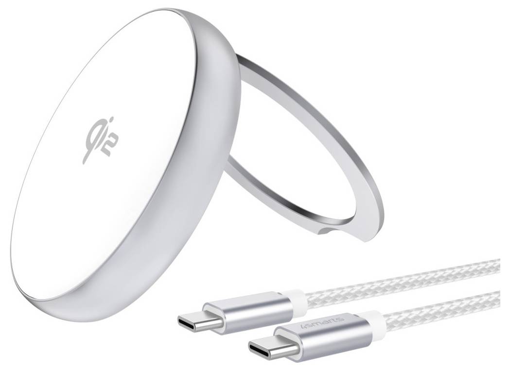 Weißes Qi2-Wireless-Ladegerät mit geflochtenem USB-C-Kabel und Anschluss auf weißem Hintergrund dargestellt.