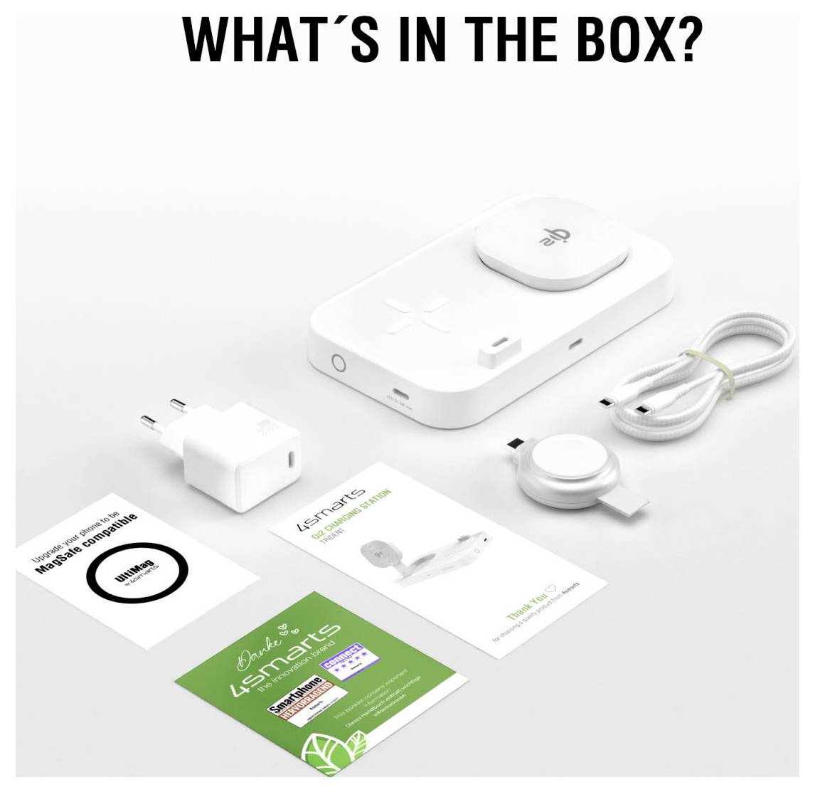 Inhalt des Produktkits: weißes Smart-Gerät, USB-Kabel, Netzteil, Klebehalterung und gedruckte Bedienungsanleitungen/Karten.