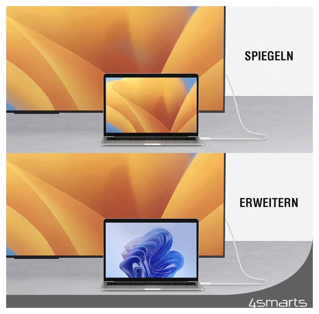 Grafik mit zwei Bereichen zum Anzeigen von Laptop-Anzeigemodi: oben „SPIEGELN" spiegelt den externen Bildschirm, unten „ERWEITERN" erweitert den Desktop über mehrere Anzeigen.