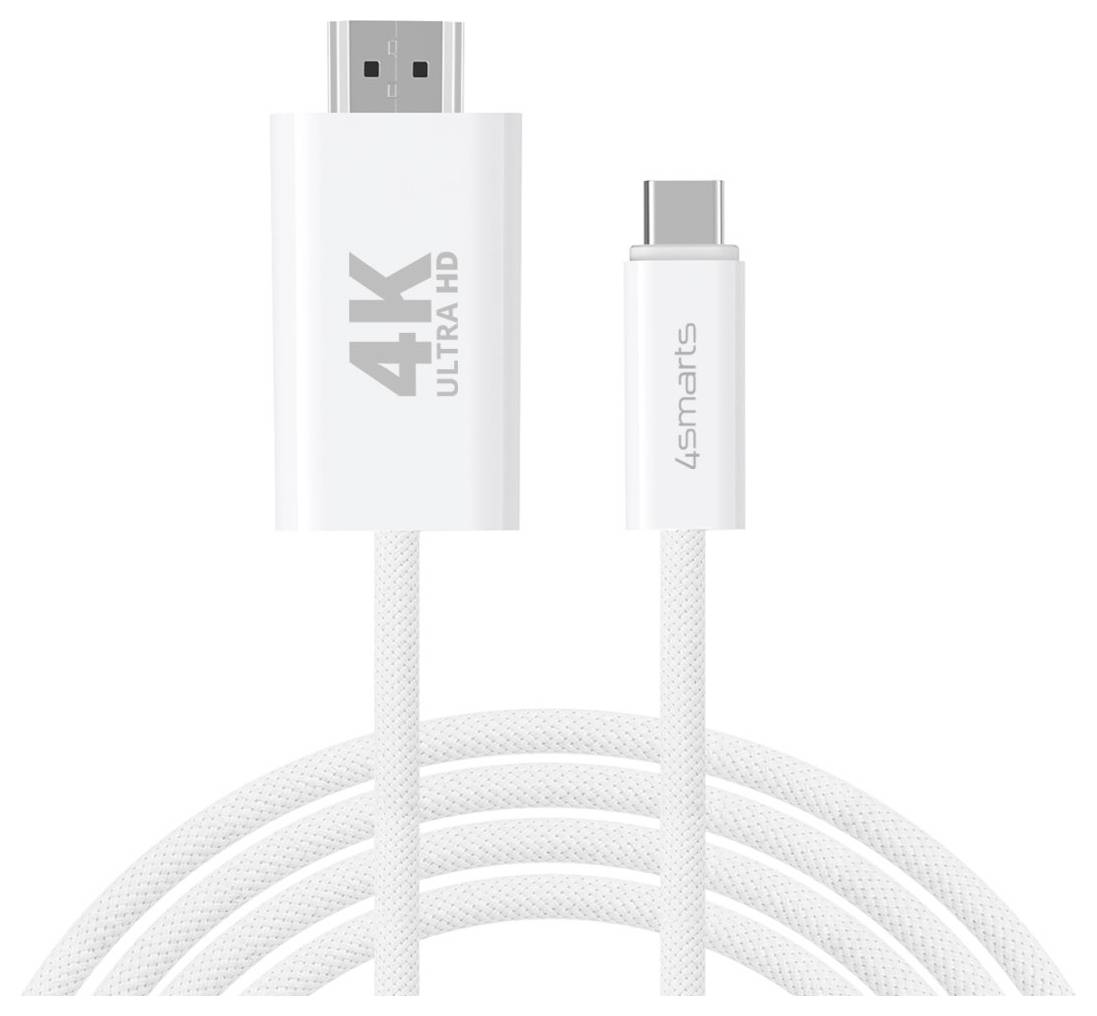 Weißes USB-C-zu-HDMI-Kabel mit geflochtenem Kord; ein Anschluss beschriftet mit „4K ULTRA HD" und der andere mit „4smarts".