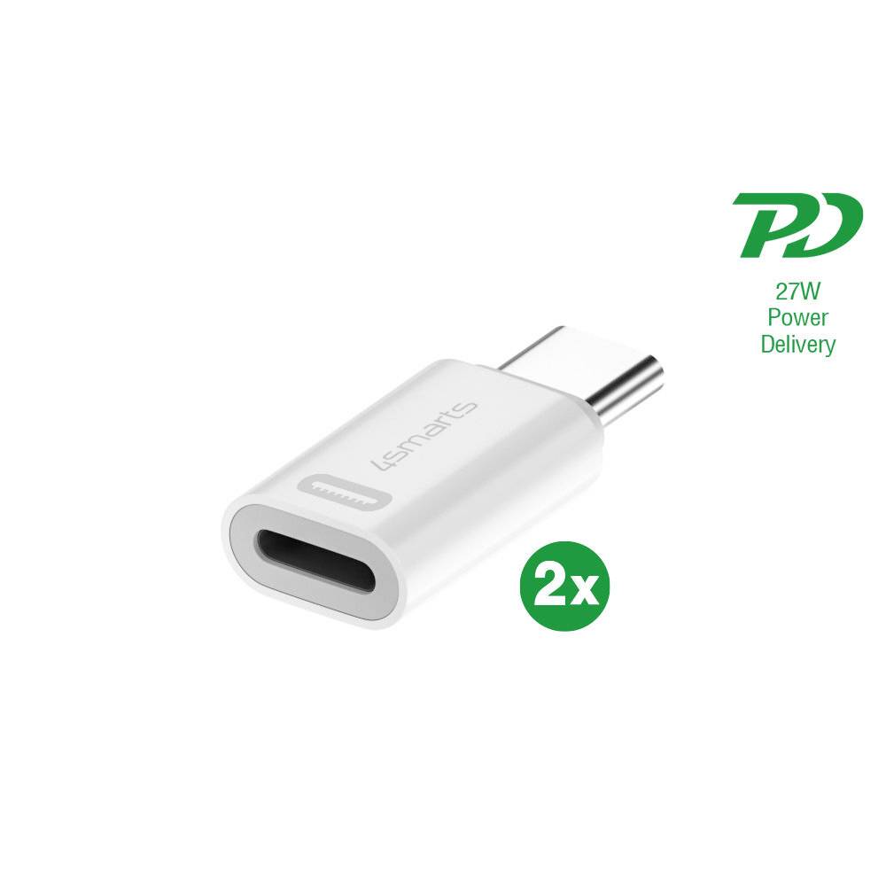 USB-C zu USB-C-Adapter mit der Bezeichnung „PD 27W Power Delivery" und einem „2x"-Abzeichen, dargestellt auf weißem Hintergrund.