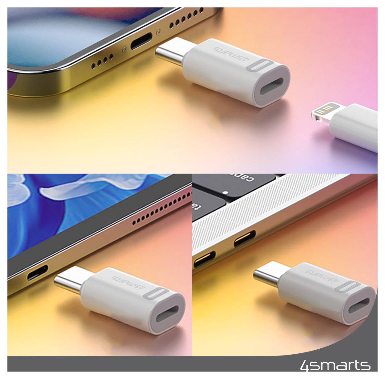Collage zeigt einen weißen USB-C-Adapter/Dongle, der in verschiedene Smartphones und Tablets auf einem farbenfrohen Farbverlaufshintergrund eingesteckt wird.
