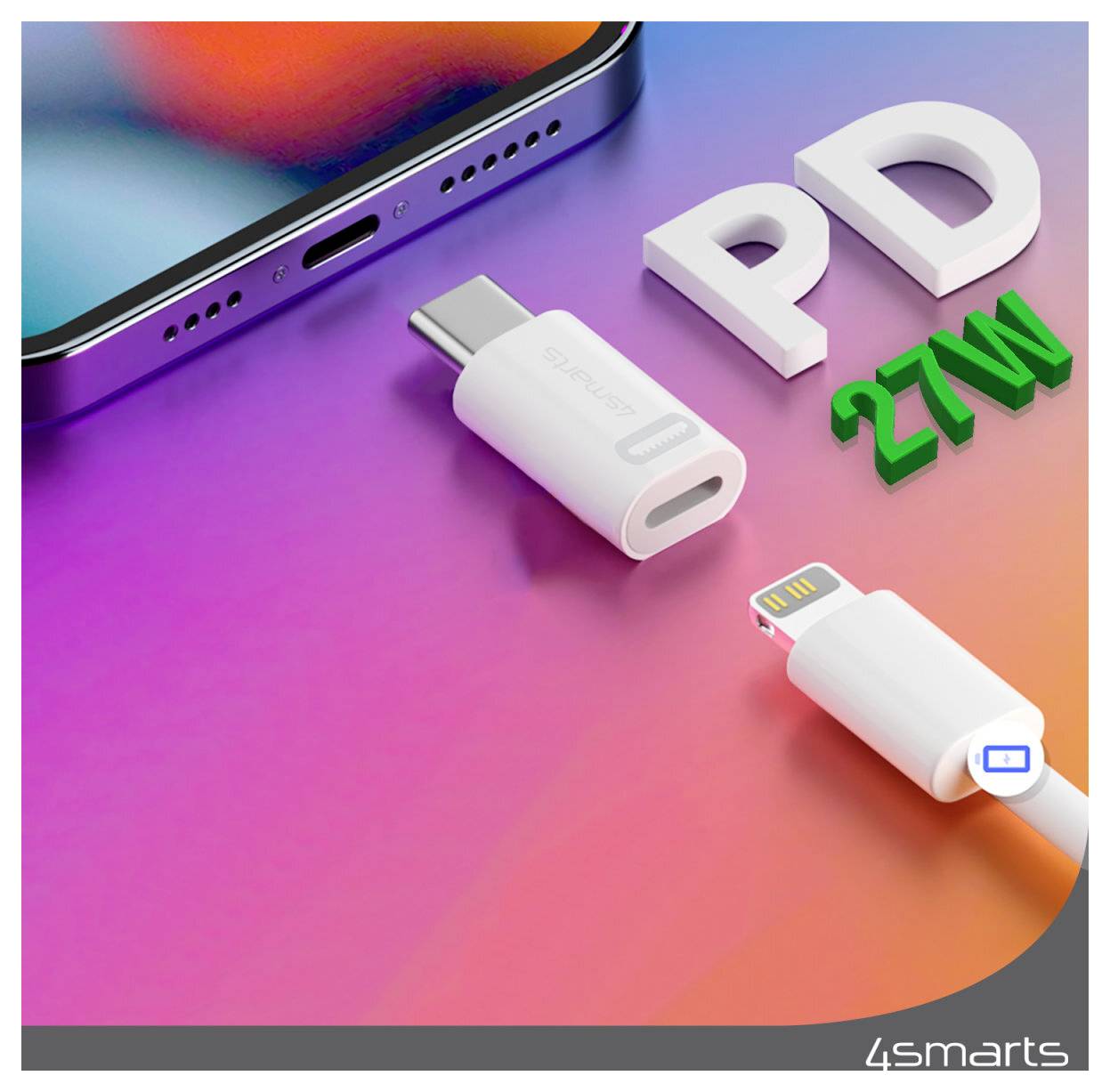 Werbegrafik für PD 27W Laden, zeigt ein Telefon, USB-C-Adapter und Lightning-Kabel auf einem rosa-violetten Farbverlaufshintergrund mit "PD"-Text.