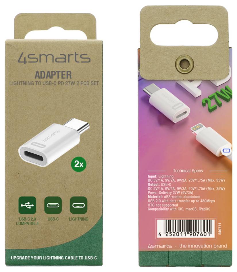 Zwei 4smarts Lightning-zu-USB-C-Adapter-Pakete, Vorder- und Rückseite, beschriftet mit 2x und USB-C-kompatibel.