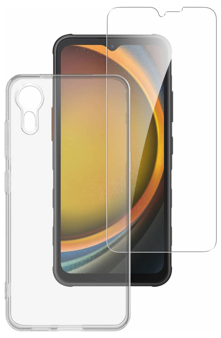 Schwarzes Smartphone mit zwei klaren Schutzhüllen, eine vorne und eine hinten, die die Passform und den Kameraausschnitt zeigen.
