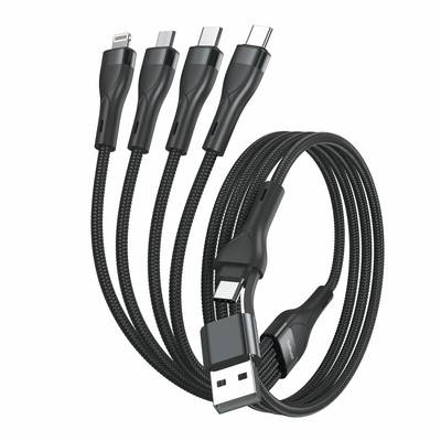 Geflochtenes Multi-Connector-Ladekabel mit USB-A-, USB-C-, Lightning- und Micro-USB-Anschlüssen, aufgerollt auf weißem Hintergrund dargestellt.