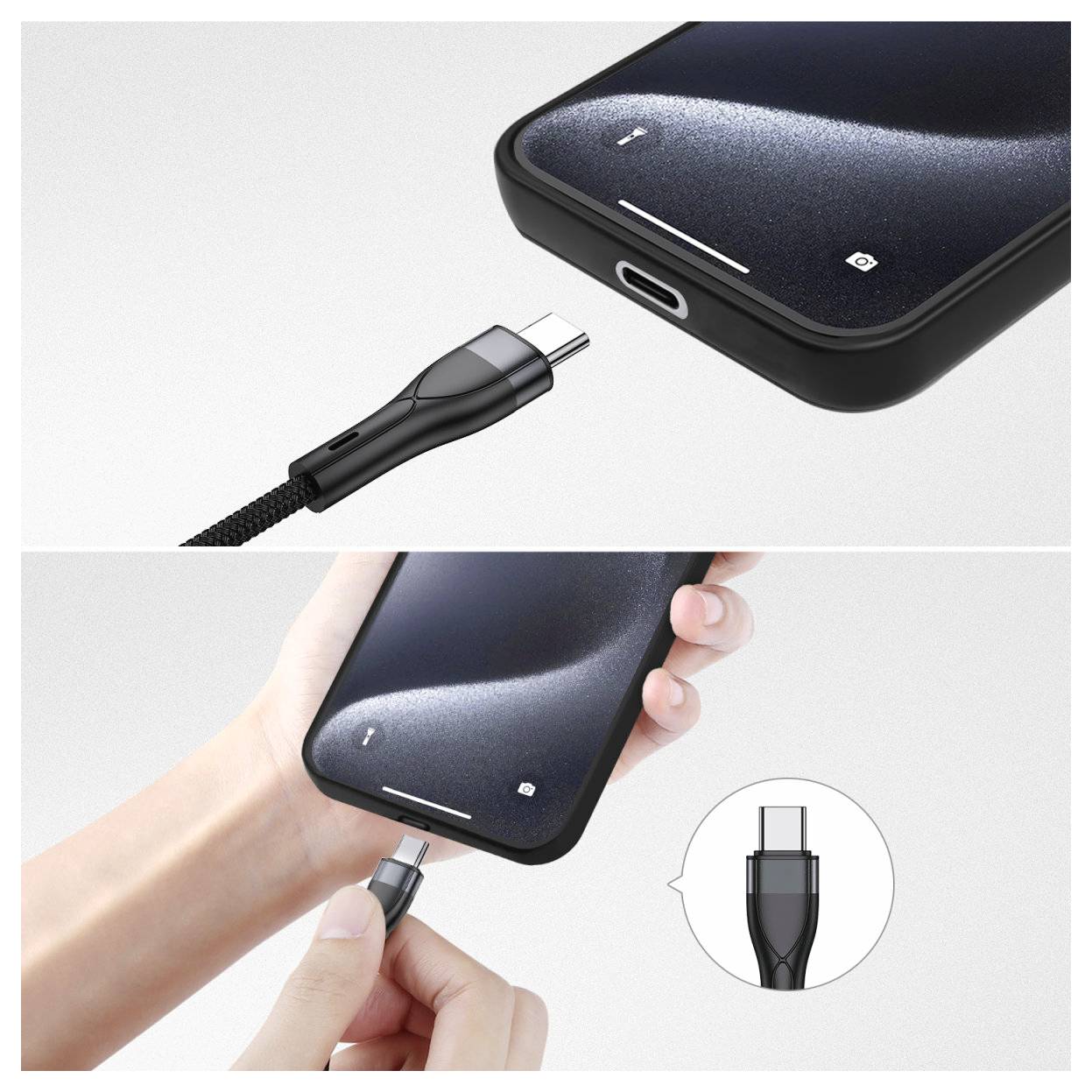 Nahaufnahme, die ein USB-C-Kabel zeigt, das in den Ladeanschluss eines Smartphones eingesteckt wird, mit einer Hand, die das Kabel verbindet, und einer kleinen Einblendung der Steckerendung.