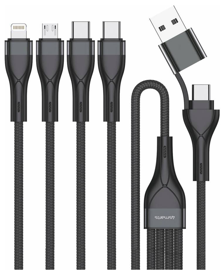 Bild mehrerer schwarzer geflochtener USB-Ladekabel mit verschiedenen Anschlüssen, einschließlich Lightning, USB-C, USB-A und Micro-USB.
