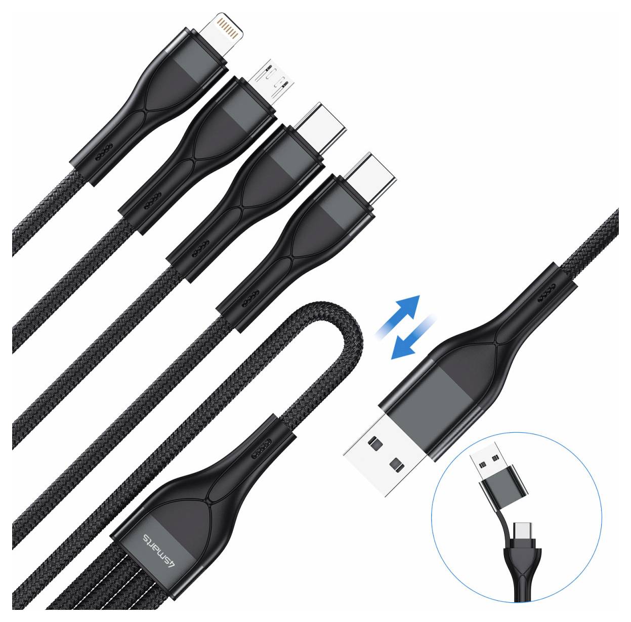 Illustration eines geflochtenen 3-in-1-Ladekabels mit USB-C-, Lightning- und Micro-USB-Anschlüssen, das einen reversiblen USB-A-Stecker und eine Nahaufnahme des Steckers zeigt.