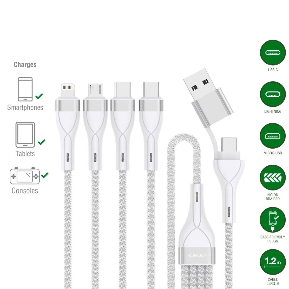 Ladekabel-Infografik, die zeigt, dass ein Kabel Smartphones, Tablets und Konsolen lädt; enthält USB-C-, Lightning- und Micro-USB-Anschlüsse, geflochten aus Nylon, gehäusefreundliche Stecker, 1,2 m Länge.