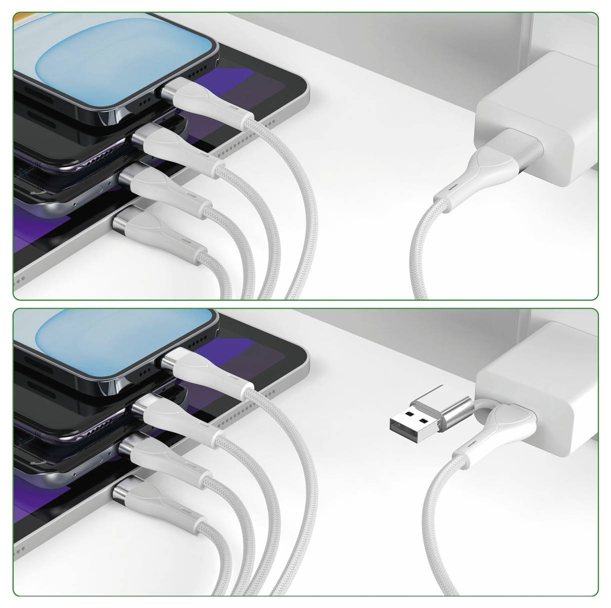 Vergleich des Telefonladens mit angebrachtem und abgelöstem USB-C-Kabel, das einen weißen Stromadapter zeigt, der in gestapelten Smartphones eingesteckt ist.