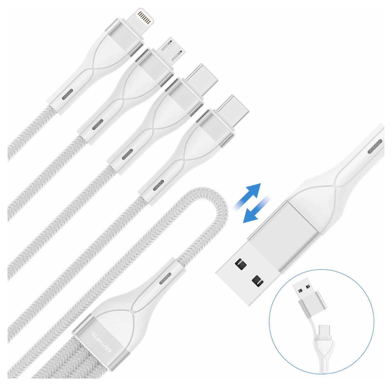 Weiß geflochtenes USB-Ladekabel mit austauschbaren Anschlüssen, einschließlich Lightning, USB-C und Micro-USB, gezeigt mit einer Nahaufnahme des USB-A-Steckers und einem Einsatz des Anschlusses.
