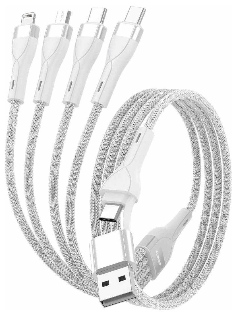 Aufgerolltes weißes geflochtenes 4-in-1-Ladekabel mit USB-A-, USB-C-, Lightning- und Micro-USB-Anschlüssen.