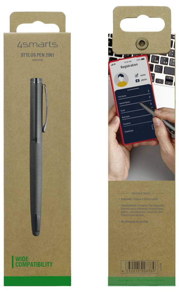 Verpackung für einen 2-in-1-Stift, der den Stift und eine Hand zeigt, die ihn auf einem Smartphone-Registrierungsbildschirm verwendet, mit Text zur breiten Kompatibilität.