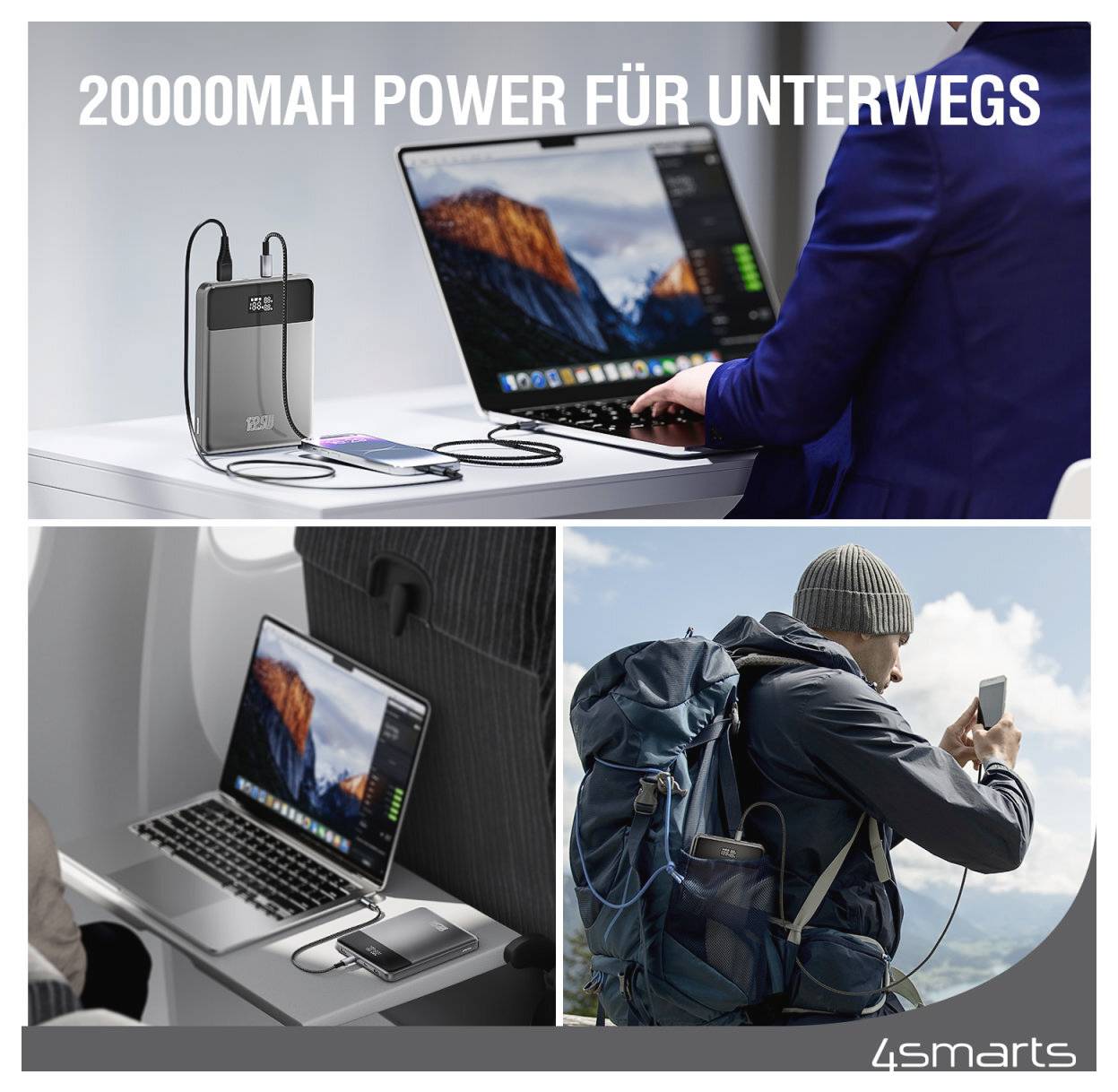 Werbecollage mit einer 20000-mAh-Powerbank, die einen Laptop und ein Telefon auflädt, während ein Wanderer sie im Freien nutzt; Der Text lautet „20000MAH POWER FÜR UNTERWEGS" und „4smarts".