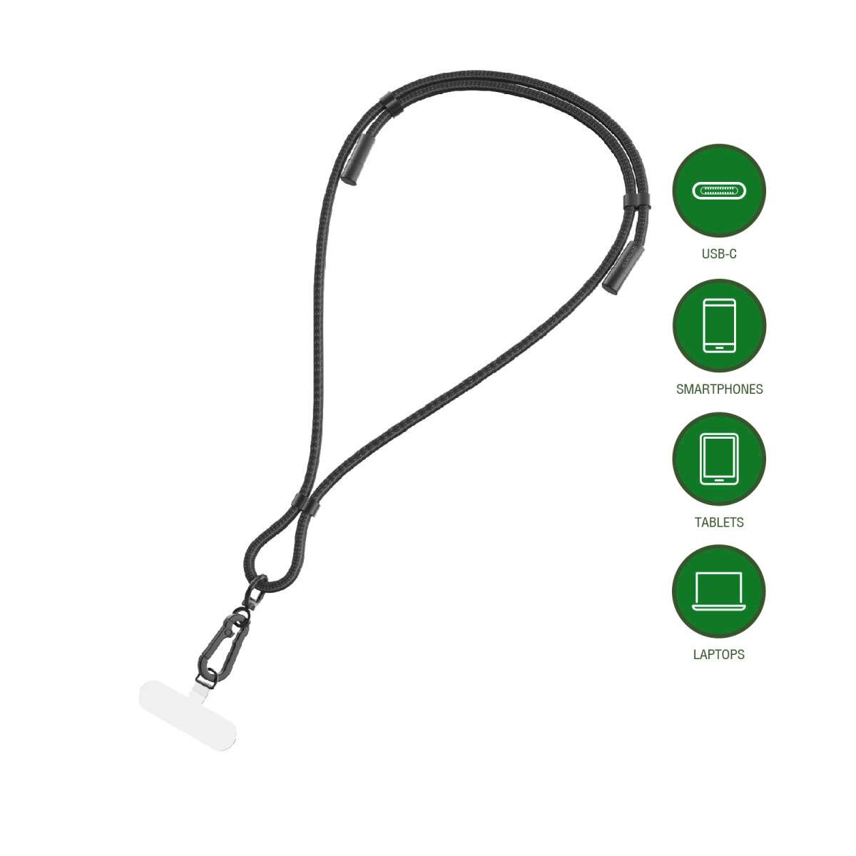 Schwarzes Halsband-Umhängeband mit abnehmbarem Clip, gekennzeichnet für USB-C-Geräte, einschließlich Smartphones, Tablets und Laptops.